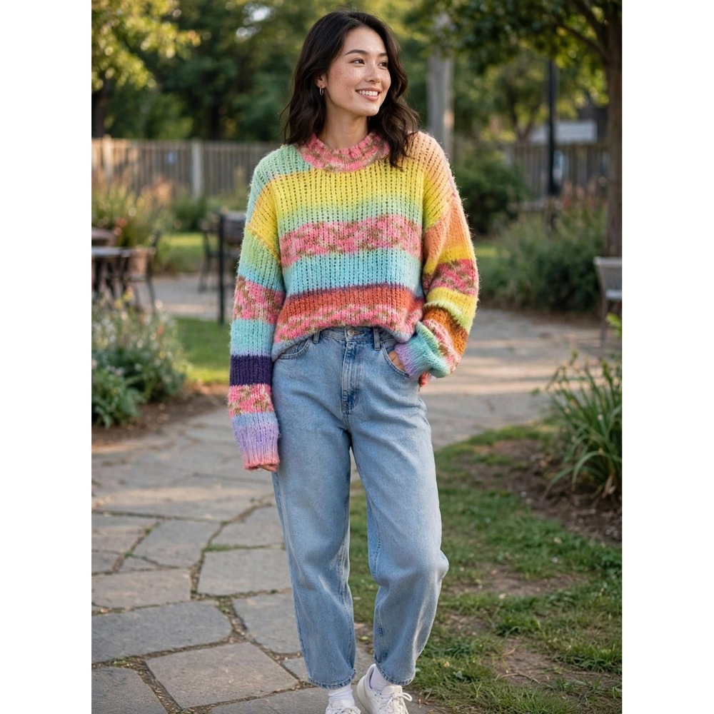 NOISY MAY Chunky Knit Sweater L Colorful  Long Sleeve Crochet FALL Bell Sleeves
